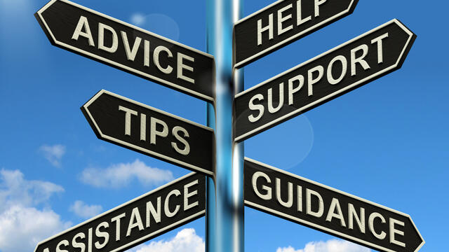 Sign post with signs for: advice, help, support, tips, guidance, assistance