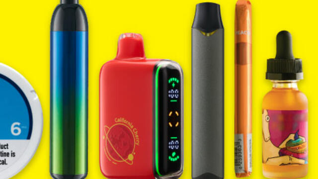 Small group of tobacco and nicotine products including vapes, nicotine pouches, little cigars, and liquid nicotine.