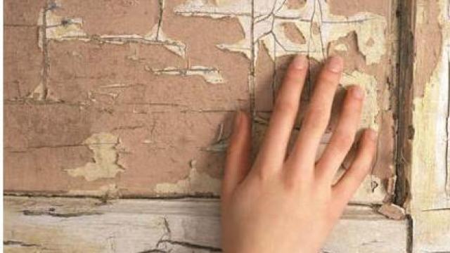 Image of a hand touching a severely flaked wall of lead paint.