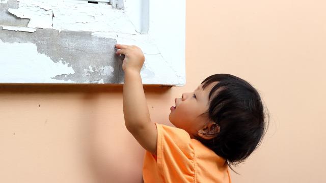 Toddler reaching to peel paint off an old window frame
