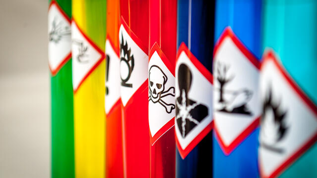 Eight individual colors with pictograms of different hazards.
