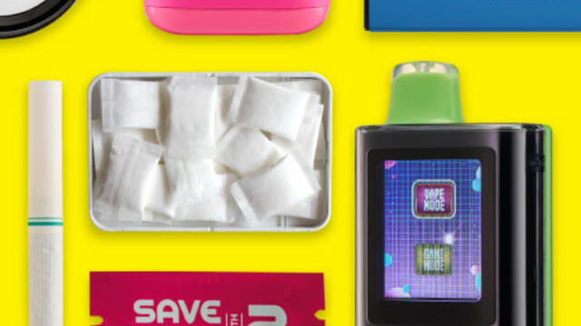 Close up of colorful tobacco and nicotine products with a tin of nicotine pouches featured in the middle.