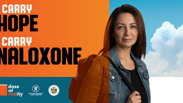 Person looking at camera with words "I carry hope. I carry naloxone." over their shoulder