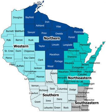 Map showing the Public Health regions of Wisconsin