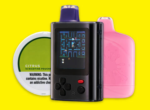 Three tobacco products, including a circular tin of nicotine pouches, a black vaping device that includes an 80's style videogame, and a pink vaping device.