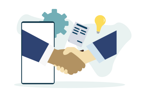 Illustration of hands shaking, cell phone, gears, light bulb
