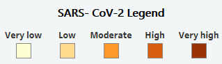 SARS-CoV-2 Legend, showing data categories in very low, low, moderate, high, and very high
