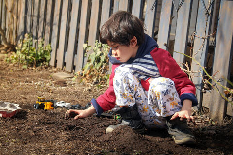 Child playing in dirt with trucks in front of wooden fence.