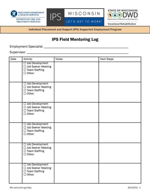 This form is for use by IPS Supervisors during job development field mentoring with new and existing employment specialists to record observations and next steps.