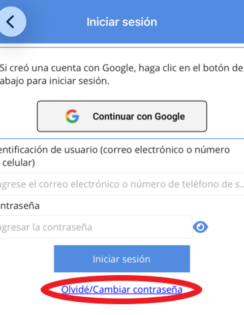 MyWIC app forgot password screen Spanish
