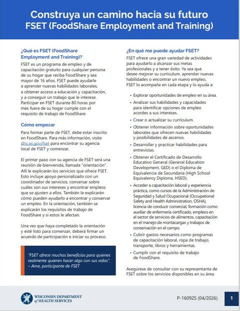 Cover of P-16092 in Spanish, FoodShare Employment and Training (FSET) Program