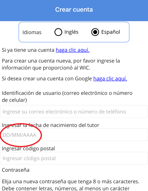 Account creation screen in Spanish