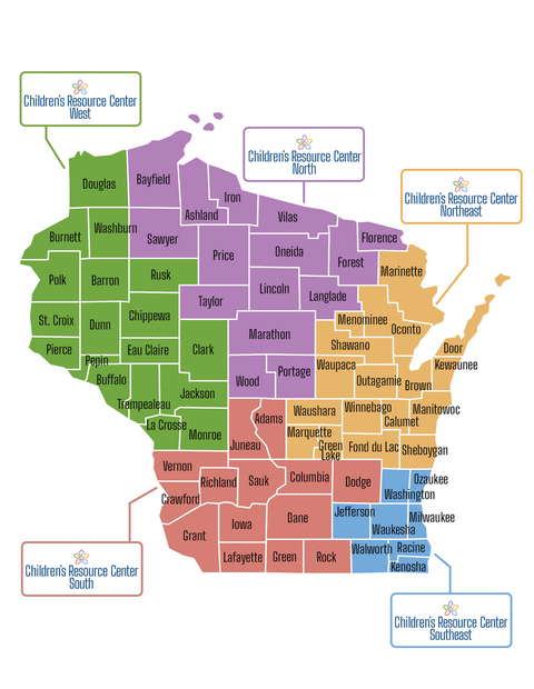 Children's Resource Center Map Shows the North, Northeast, South, Southeast, and West Regions Across Wisconsin