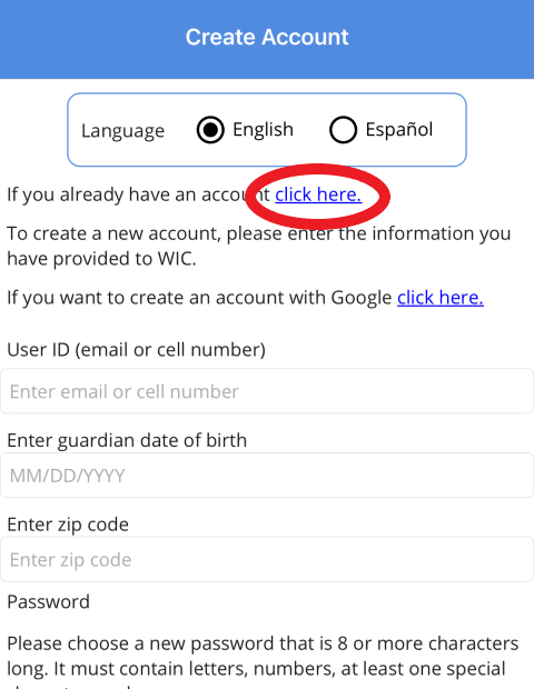 MyWIC app login screen with link to already have an account circled