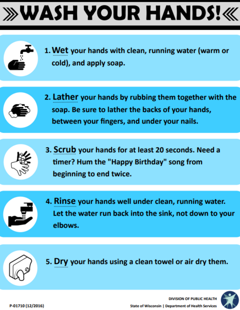 Flyer with the heading "Wash Your Hands," showing steps to wet, lather, scrub, rinse, then dry your hands.