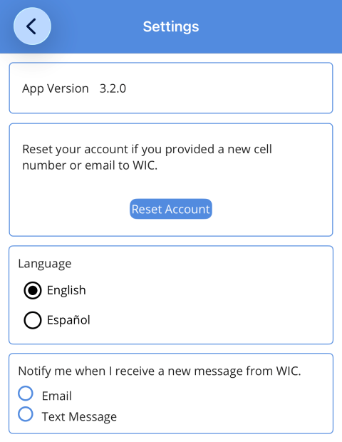 Settings screen in English
