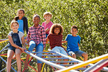 Six children sitting on monkey bars