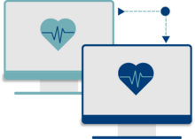 Asynchronous Services Icon, two computers with heartbeat logos