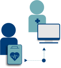 Remote patient monitoring icon, people with heart monitor, doctor with computer