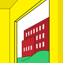 Illustration of building through a window