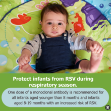Infant hold feet with text "Protect infants from RSV during respiratory season"
