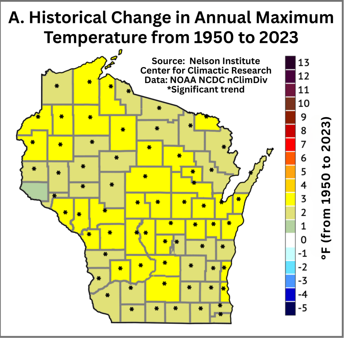 Wisconsin maps showing changes in temperatures from 1950 to 2023. The annual average temperature increased 3 degrees Fahrenheit statewide from 1950–2023.