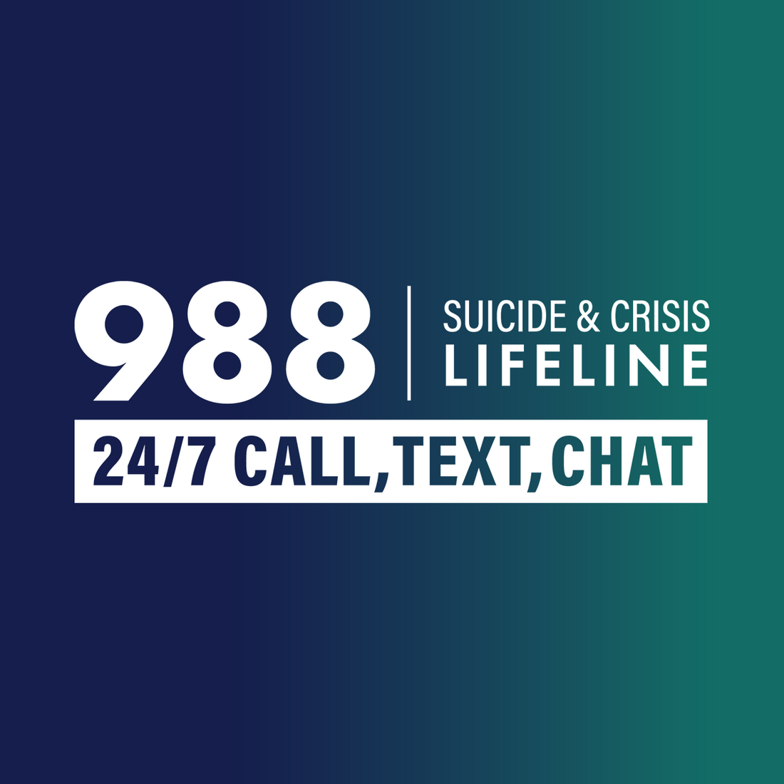 988 Suicide & Crisis Lifeline - 24/7 call, text, chat on a blue background