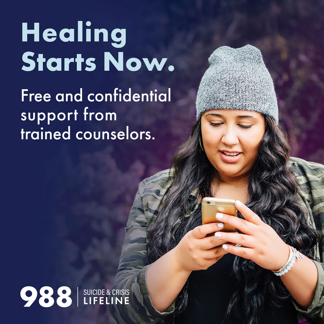 Young adult types on phone - Healing starts now - Free and confidential support from trained counselors - 988 Suicide & Crisis Lifeline