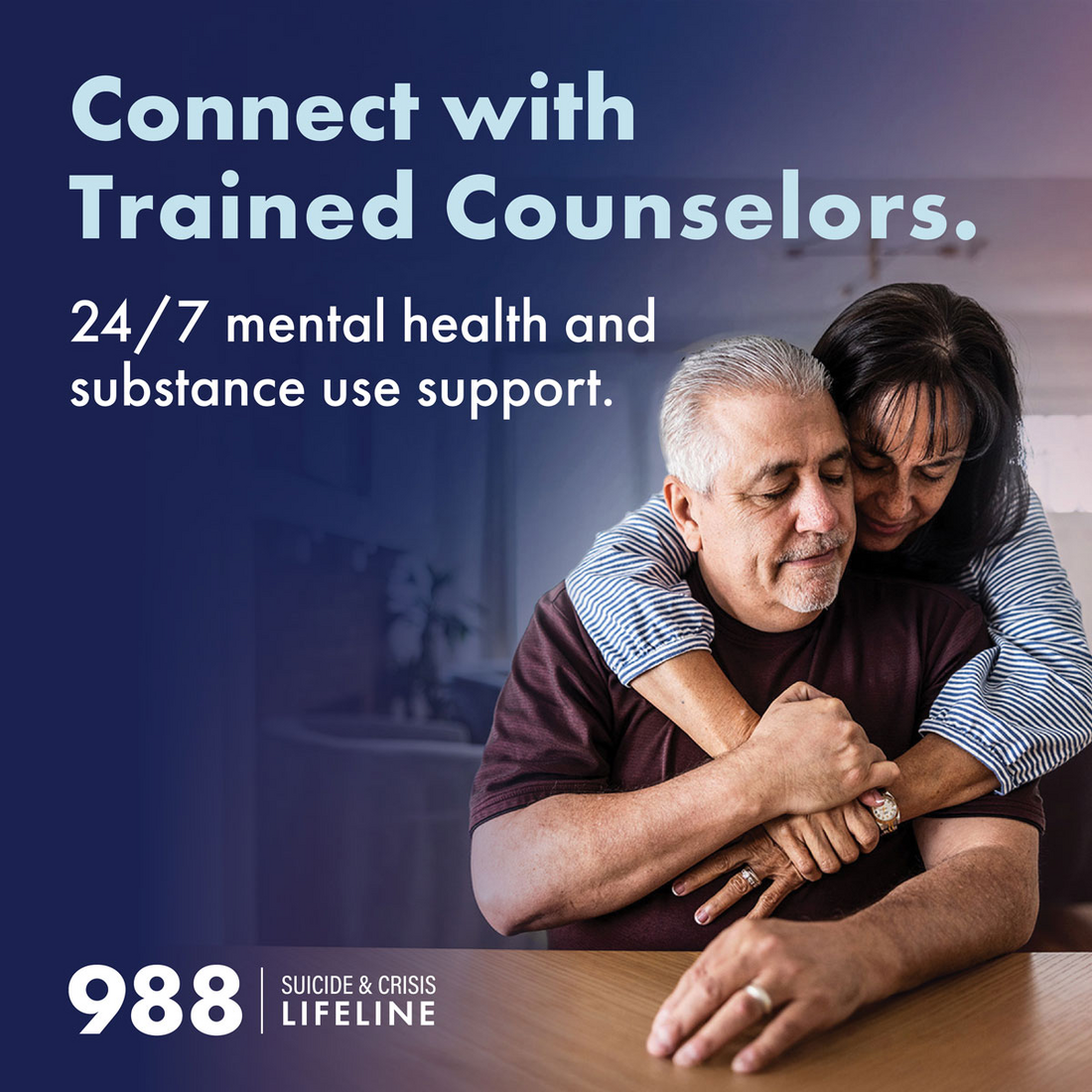 Two adults hug - Connect with trained counselors - 24/7 mental health and substance use support - 988 Suicide & Crisis Lifeline