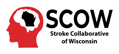 Logo showing a red silhouette of a profile of a human head with the text "SCOW Stroke Coordinators of Wisconsin"