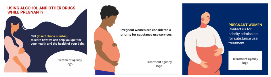 Three social media posts promoting promoting substance use treatment for pregnant adults