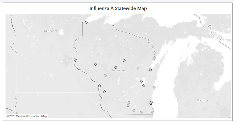 A map of the state of Wisconsin using a dot to show the location of wastewater sites testing for Influenza A.