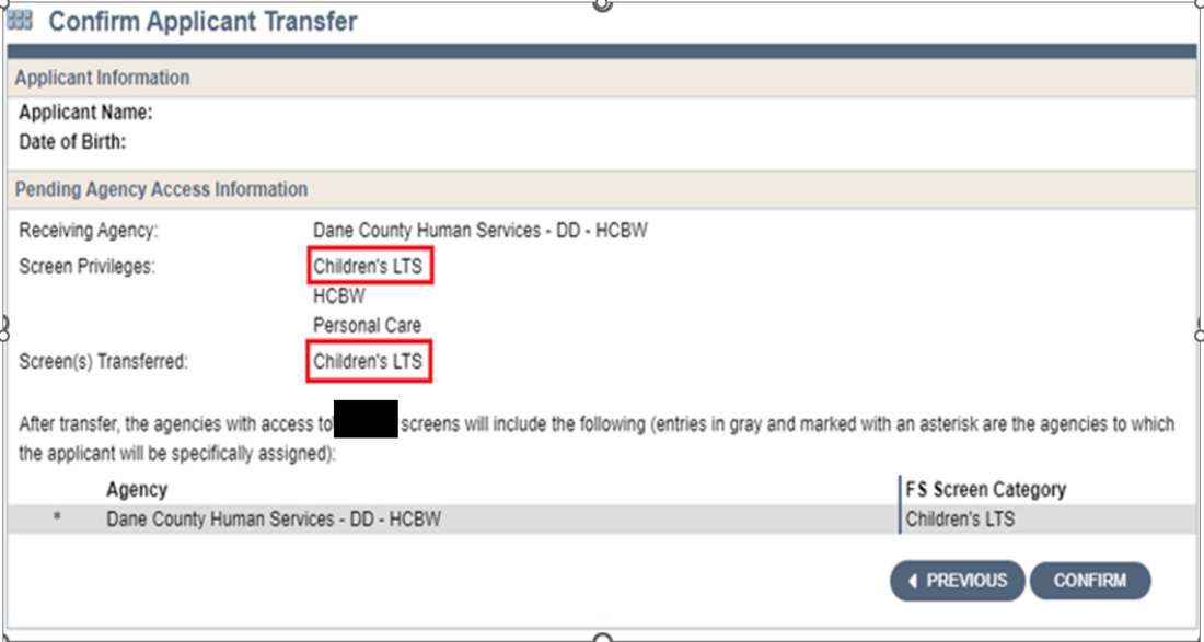 Children's Long-Term Support Functional Screen: Confirm Applicant Transfer Page