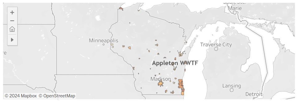 Wisconsin sewershed locations and boundaries that are included in the monitoring network.