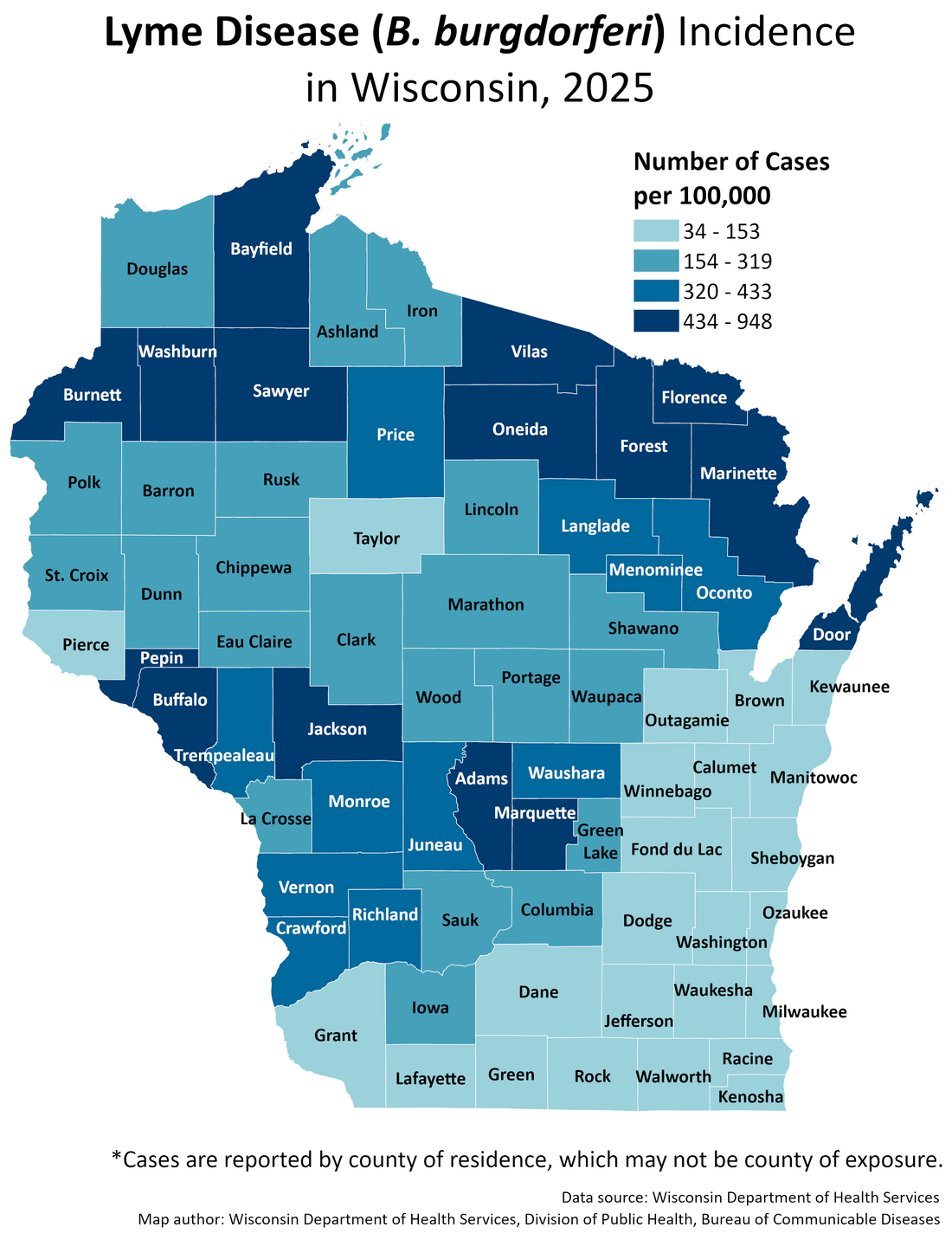 Map of Lyme disease cases per 100,000 population in Wisconsin by county. The highest incidence was in the northern and western regions of the state.
